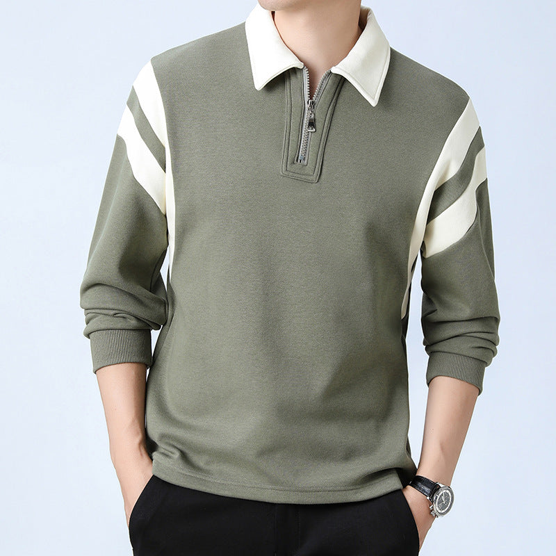 Men's Casual Collared Zip Neck Polo Sweater with Panel Trim