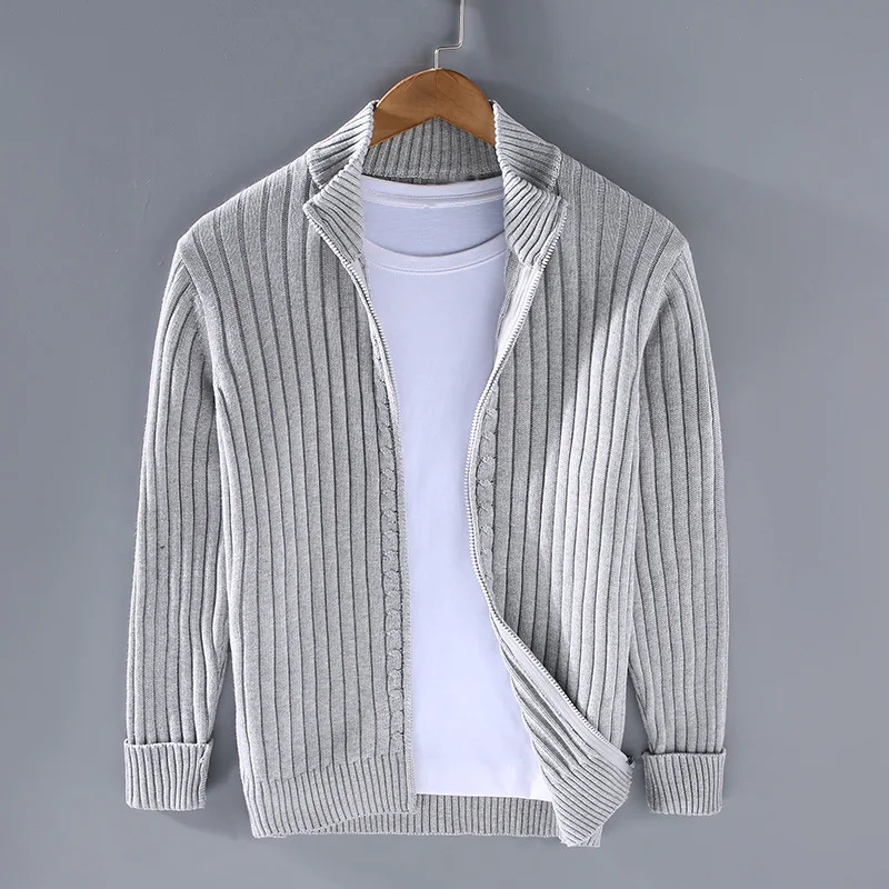 Men's Casual Ribbed Knit Cardigan with Stand Collar