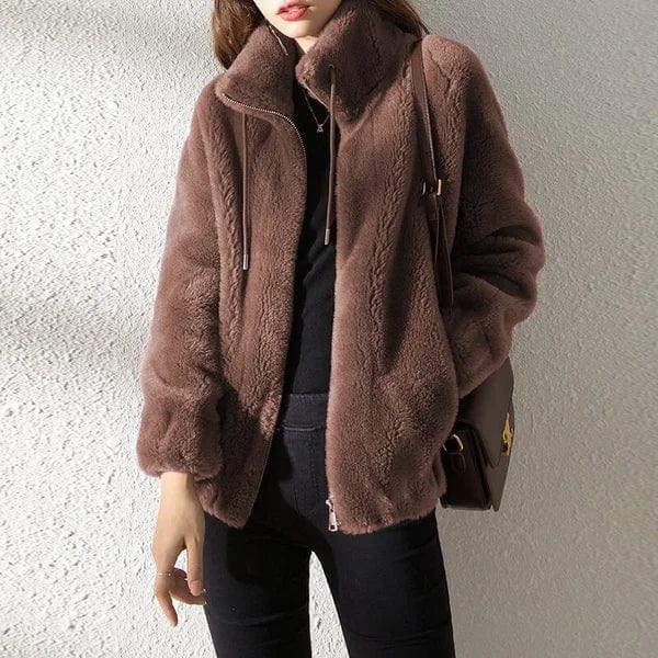 Women's Casual Fleece Teddy Zip-Up Jacket with Drawstring Hood