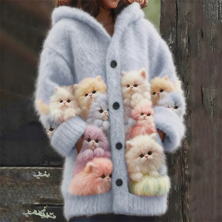 Women's Casual Mohair Hooded Cardigan with Cat Appliqué