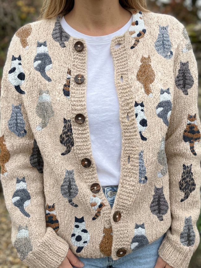 Women's Casual Cotton Button-Front Cat Print Cardigan