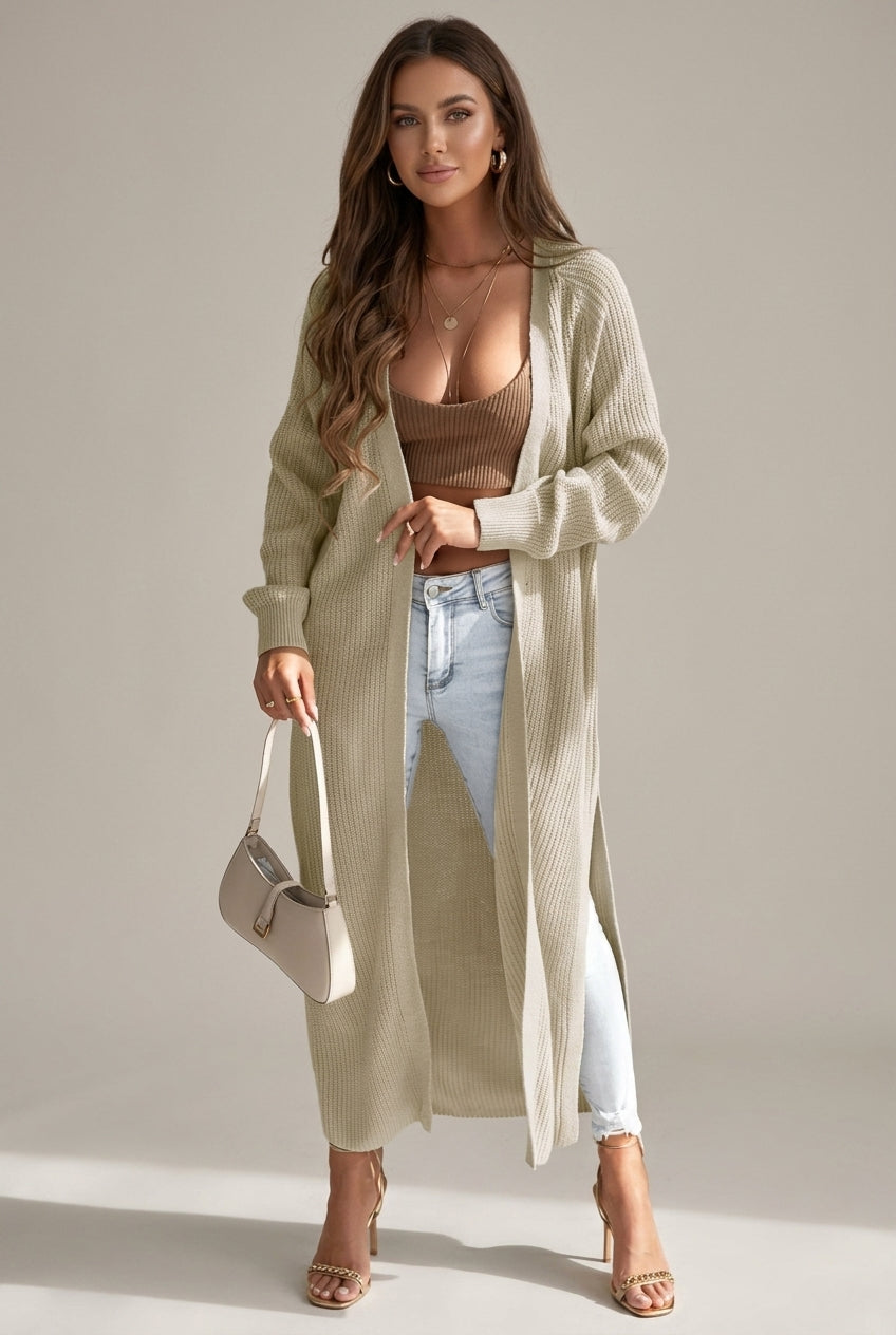 Women's Casual Waffle Knit Long Sleeve Maxi Cardigan