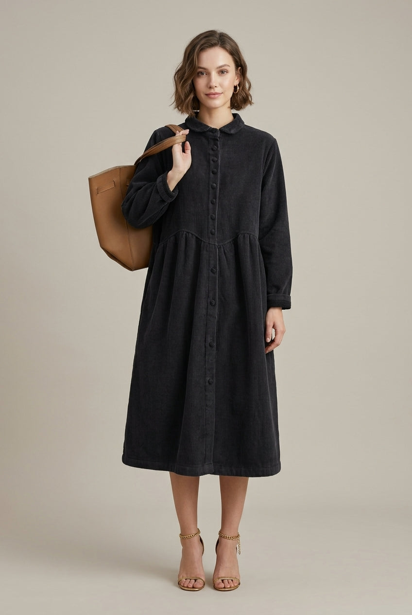 Women's Classic Corduroy Longline Coat with Stand Collar