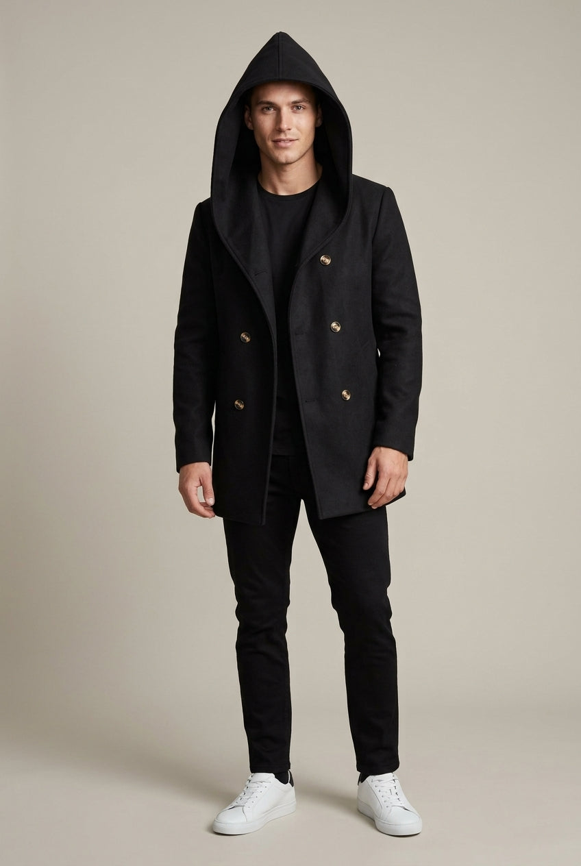 Men's Classic Wool Blend Hooded Double-Breasted Longline Coat