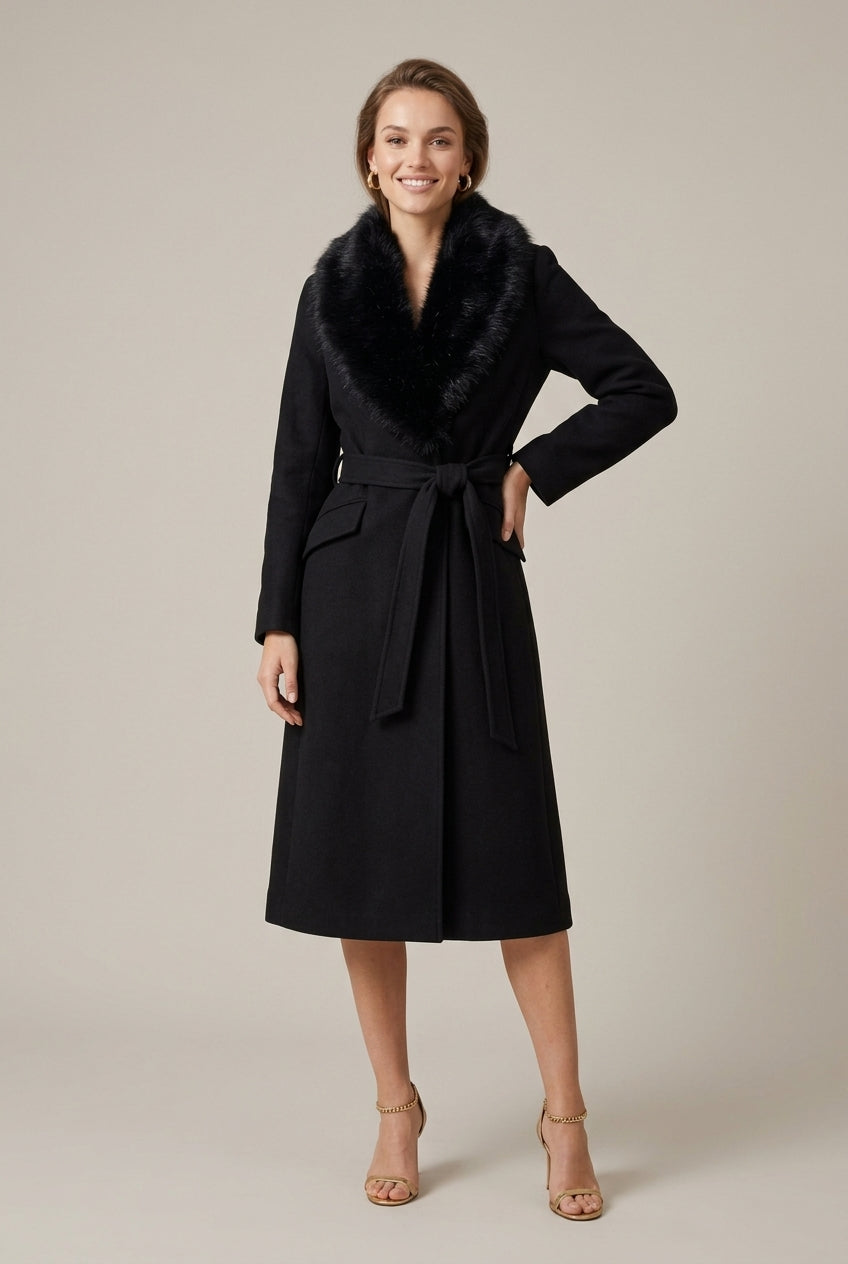 Women's Classic Wool Overcoat with Faux Fur Collar