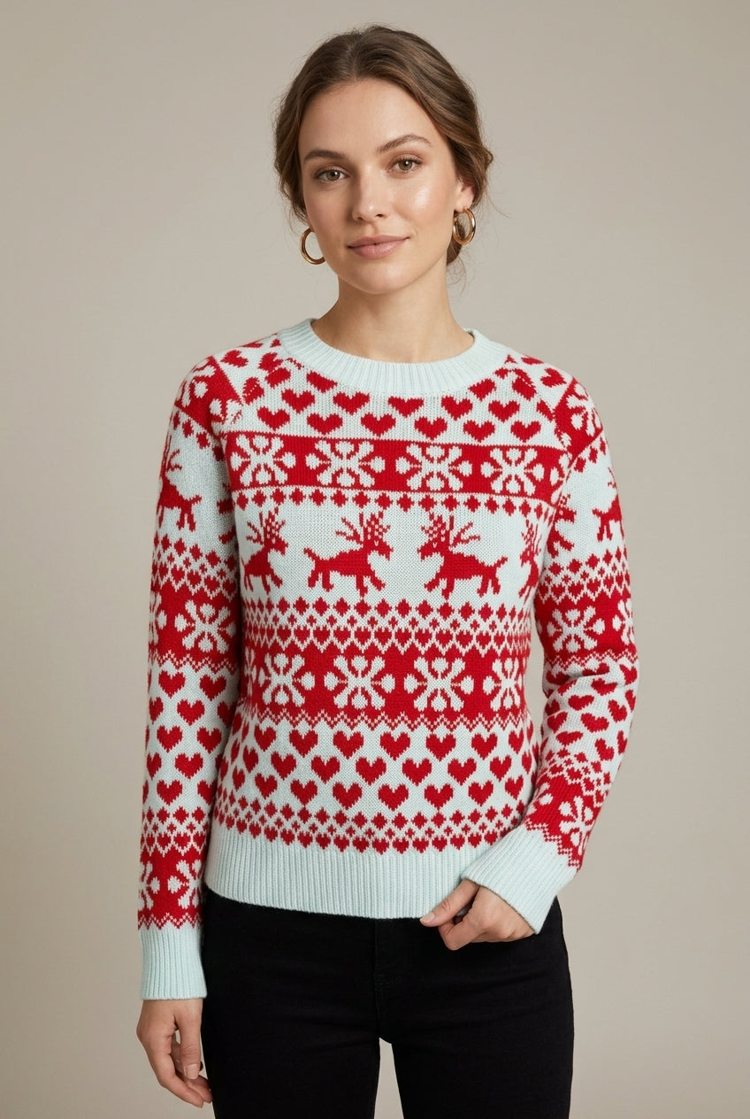 Women's Classic Fair Isle Knit Crew Neck Sweater with Ribbed Cuffs