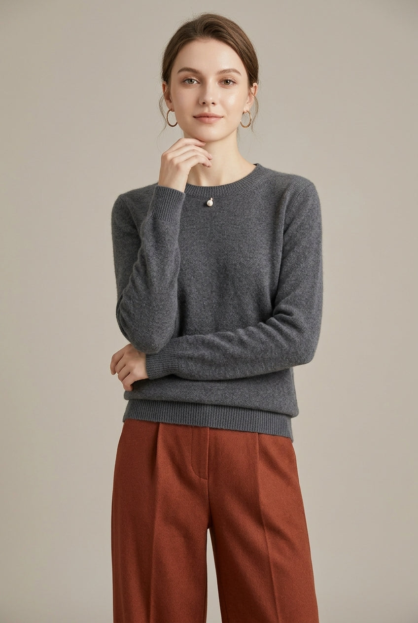 Women's Classic Knit Crewneck Sweater with Ribbed Cuffs