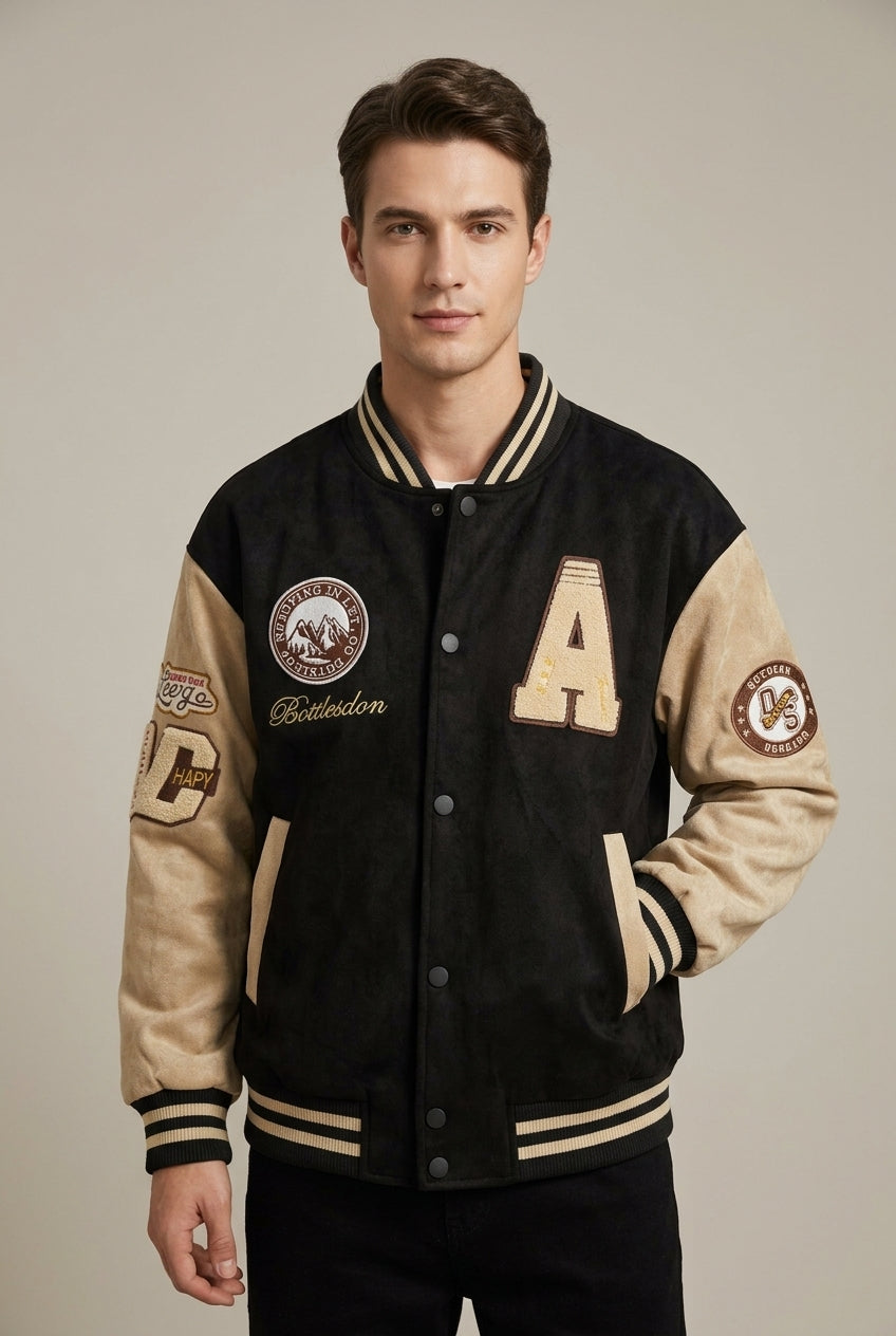 Men's Classic Contrast Sleeve Varsity Jacket with Patch Details