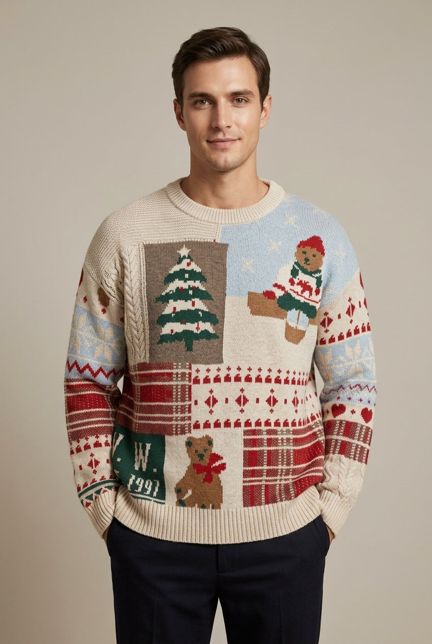Men's Casual Knit Patchwork Crew Neck Sweater with Ribbed Trim