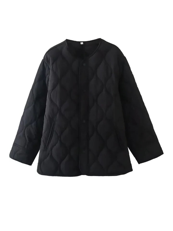 Women's Comfortable Quilted Snap Button Jacket with Crew Neck