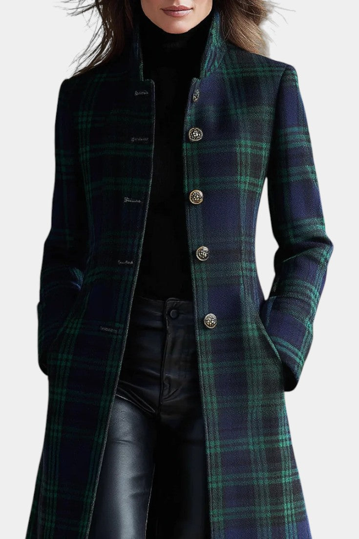 Women's Elegant Wool Plaid Longline Coat with Stand Collar