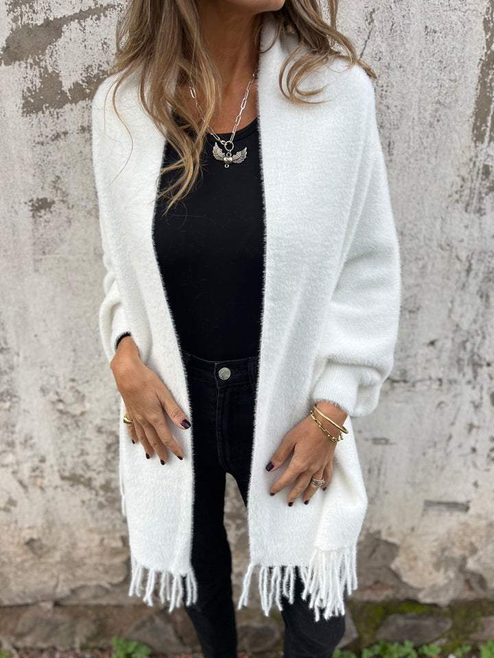 Women's Cozy Fuzzy Knit Fringe Draped Cardigan with Open Front