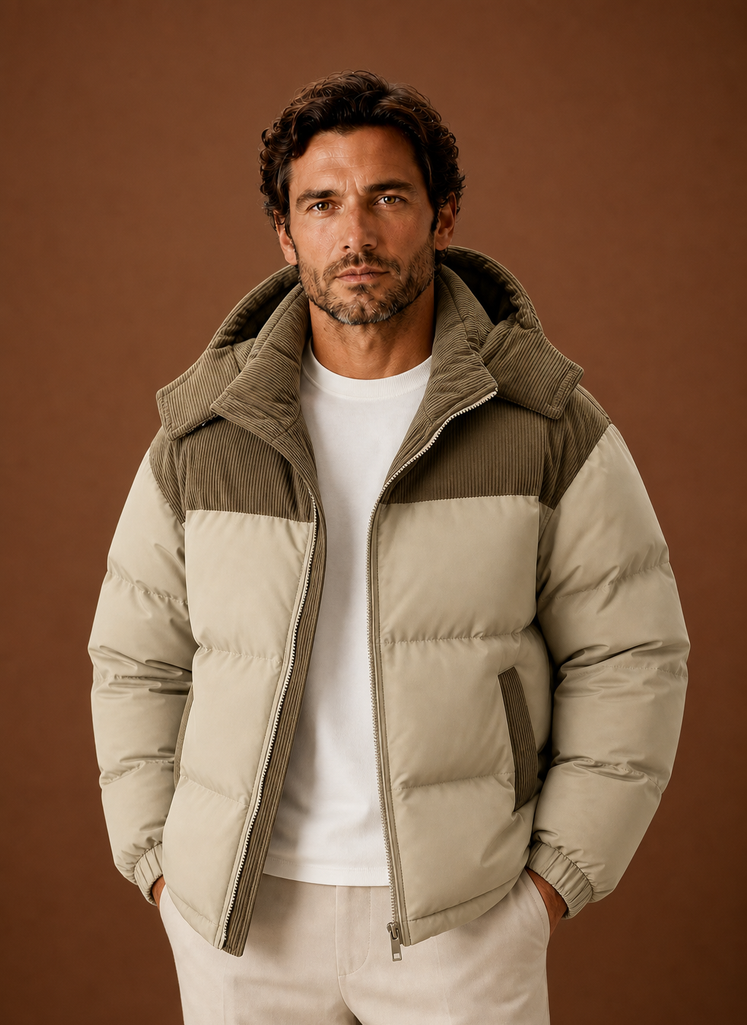 Men's Casual Corduroy Hooded Puffer Jacket