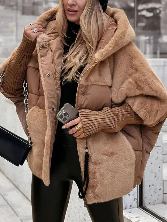 Women's Casual Faux Fur Sleeve Hooded Puffer Jacket