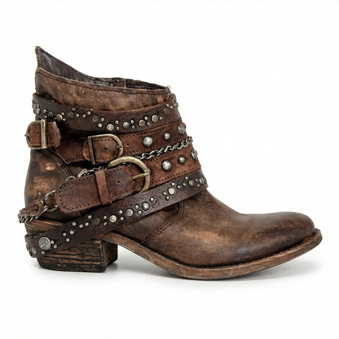 Women's Stylish Studded Leather Buckle Ankle Boots