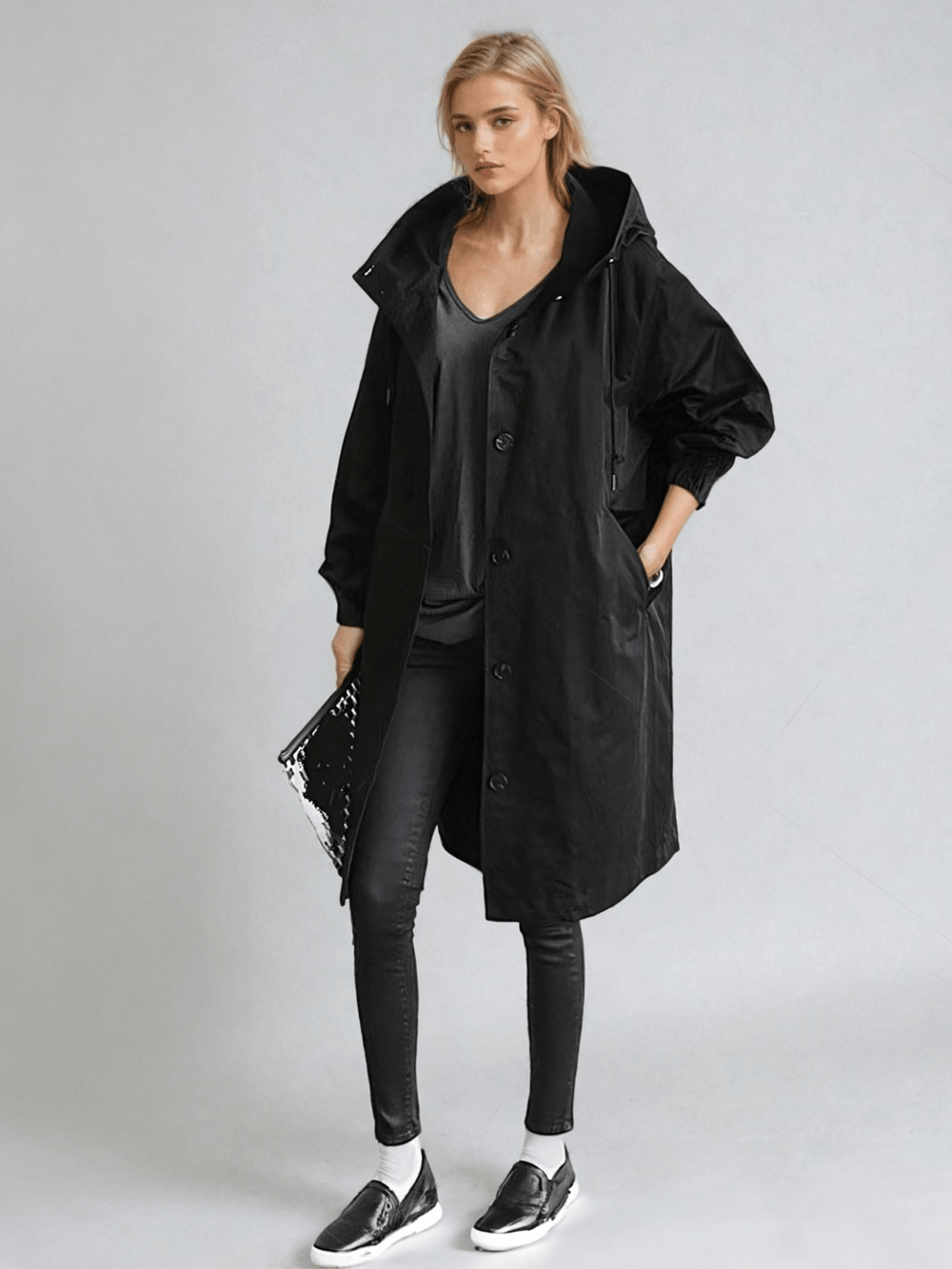 Women's Casual Oversized Hooded Collar Trench Coat with Button Front