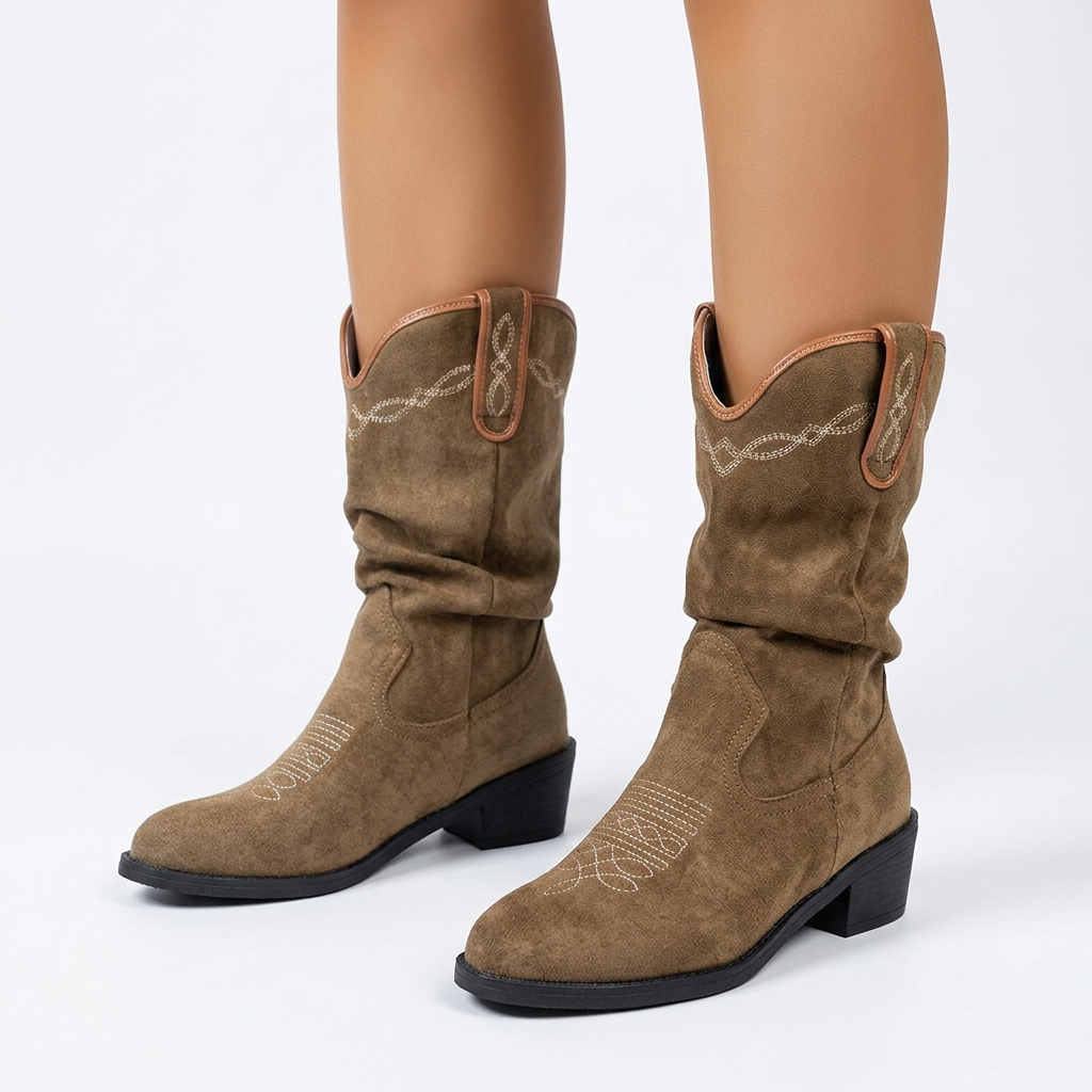 Women's Stylish Suede Embroidered Stitch Mid Calf Cowboy Boots