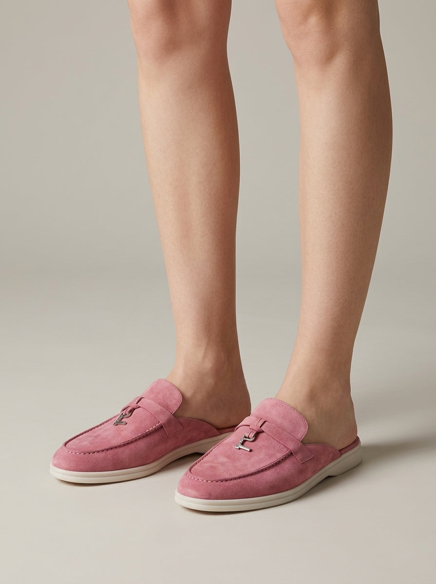 Women's Stylish Suede Closed Toe Loafer Mules with Metal Bar