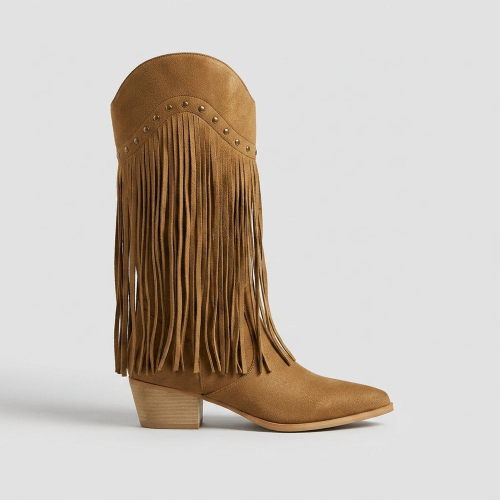 Women's Stylish Leather Knee-High Fringe Boots with Stud Detail