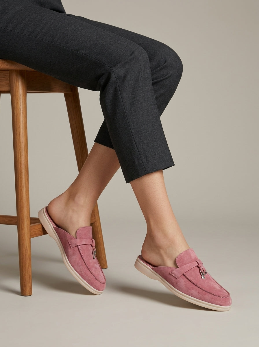 Women's Stylish Suede Closed Toe Loafer Mules with Metal Bar