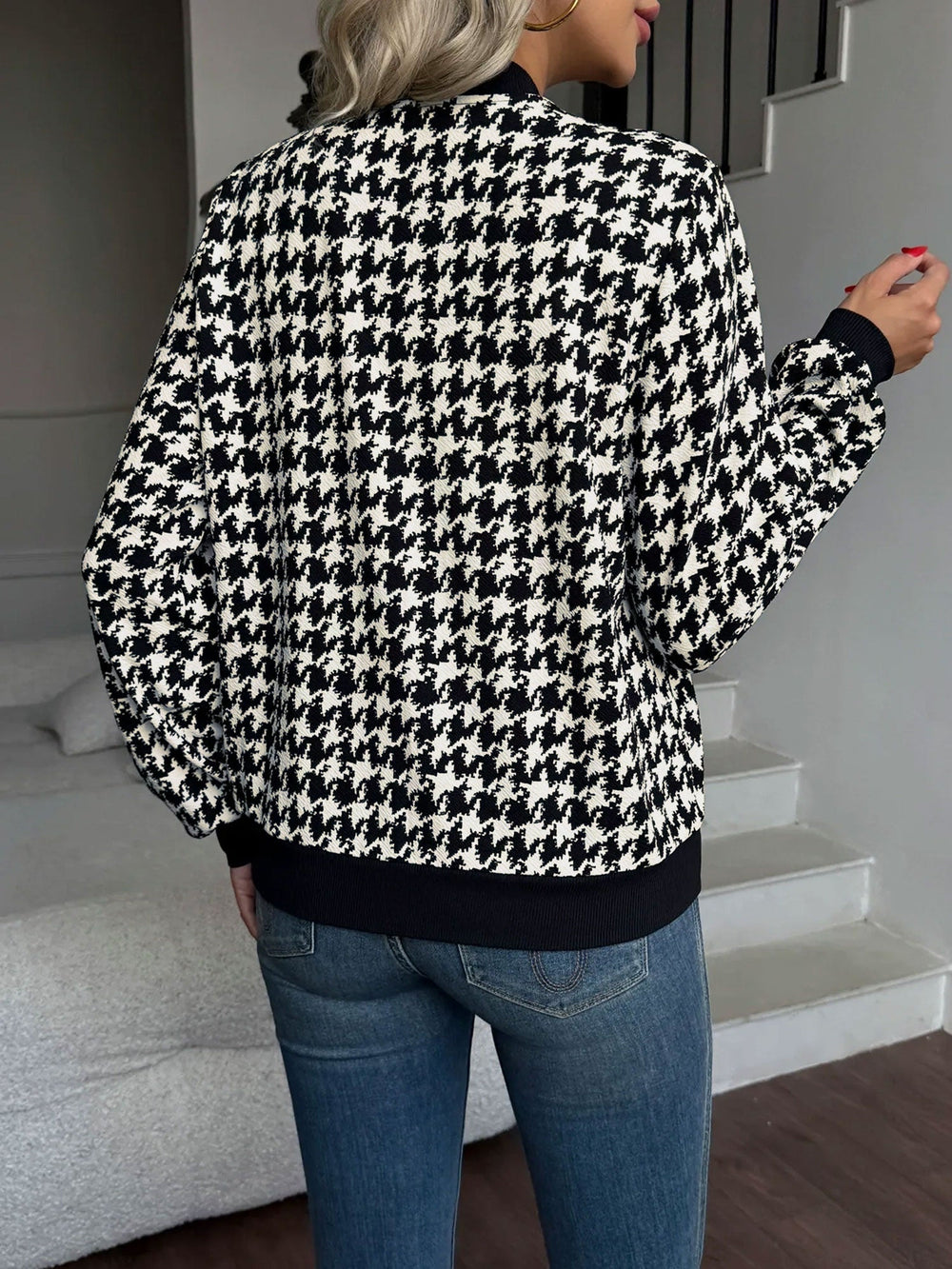 Women's Casual Zip Front Bomber Jacket with Houndstooth Ribbed Trim