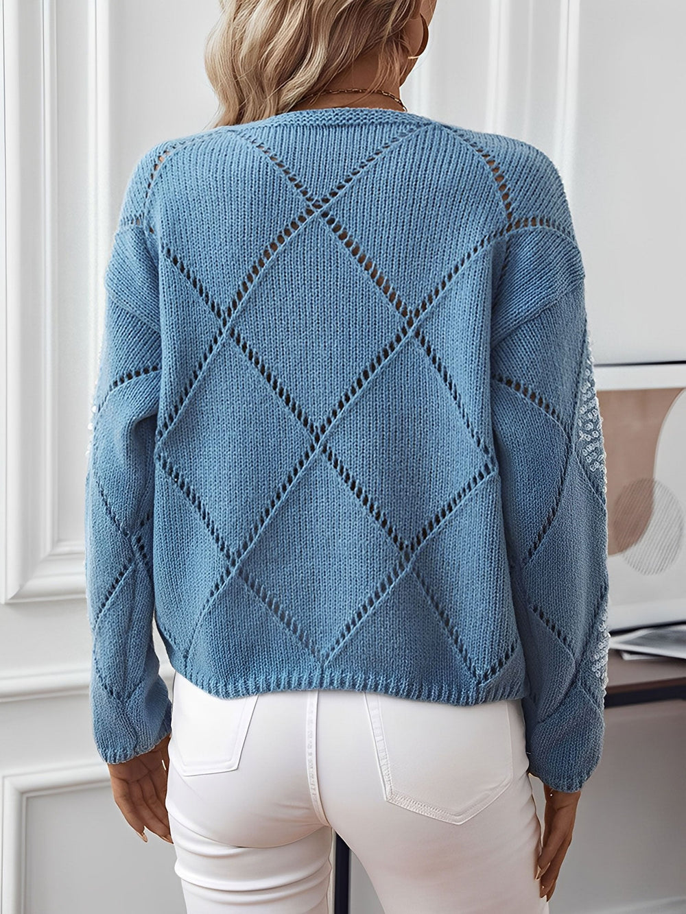 Women's Comfortable Sequin Knit Crew Neck Sweater with Diamond Pattern