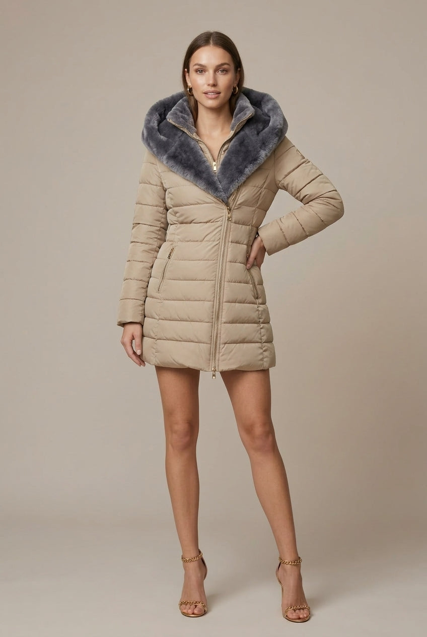 Women's Casual Hooded Puffer Jacket with Asymmetric Zip
