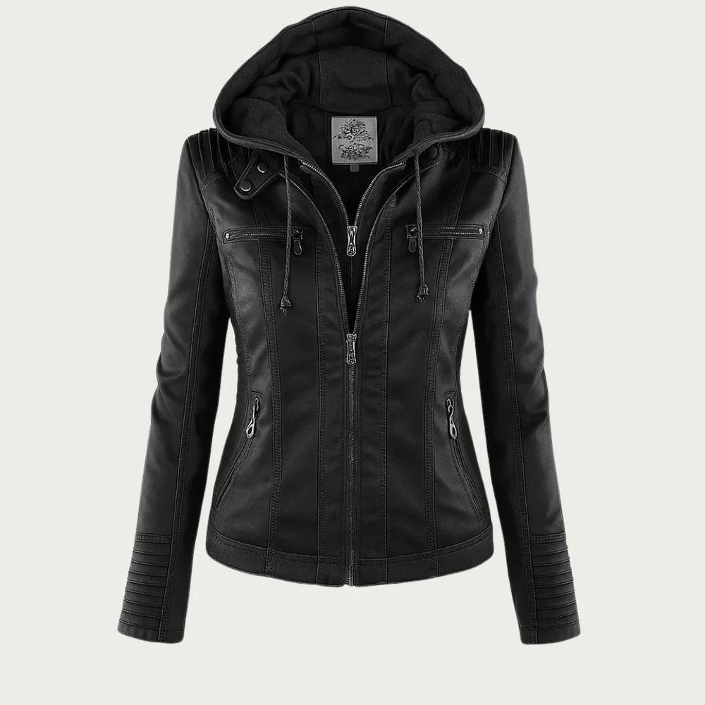 Women's Stylish Faux Leather Hooded Moto Jacket with Zip Front