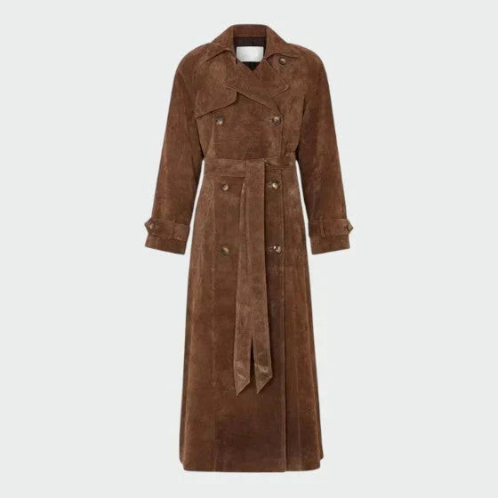 Women's Elegant Brown Suede Belted Trench Coat with Notched Lapel