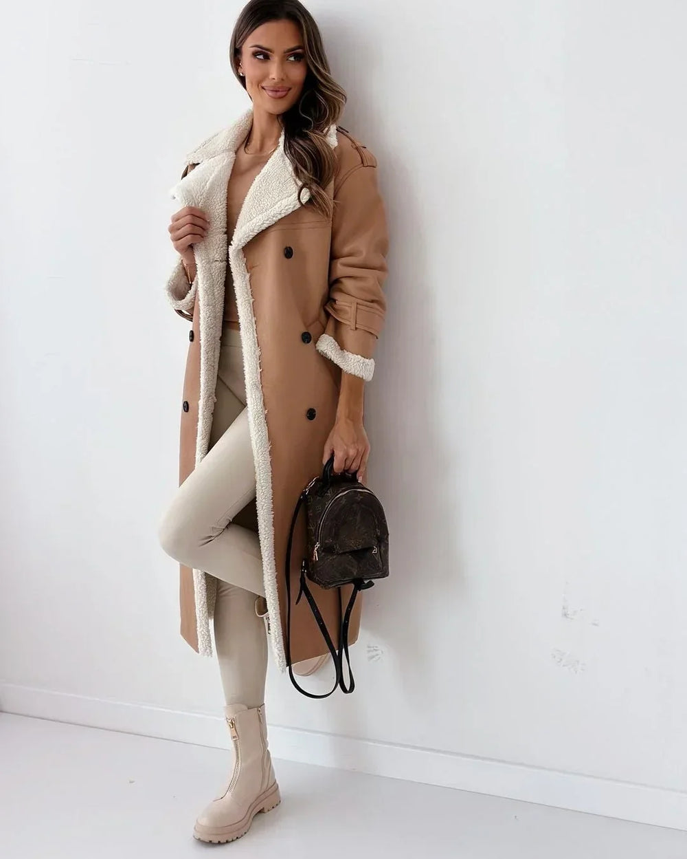 Women's Cozy Faux Fur Lined Double Breasted Trench Coat