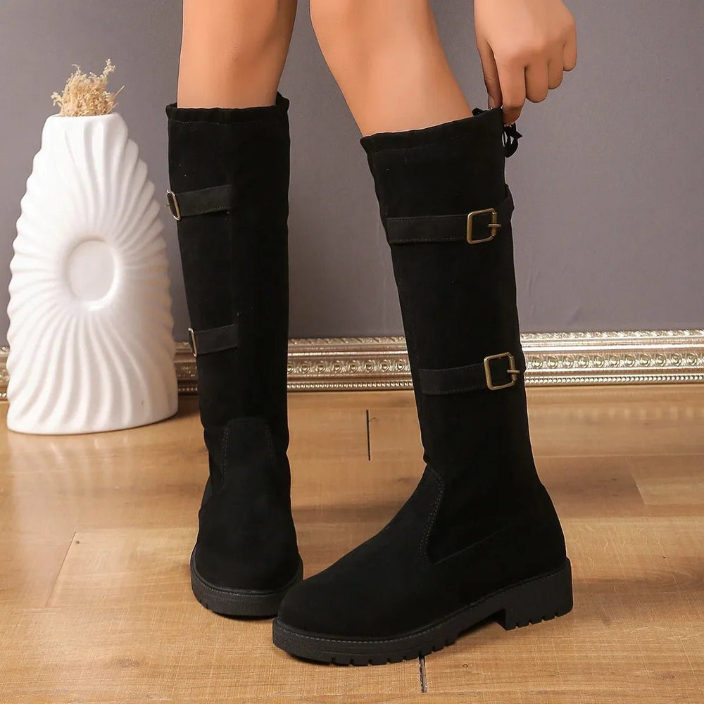 Women's Stylish Suede Knee High Riding Boots with Buckle Strap