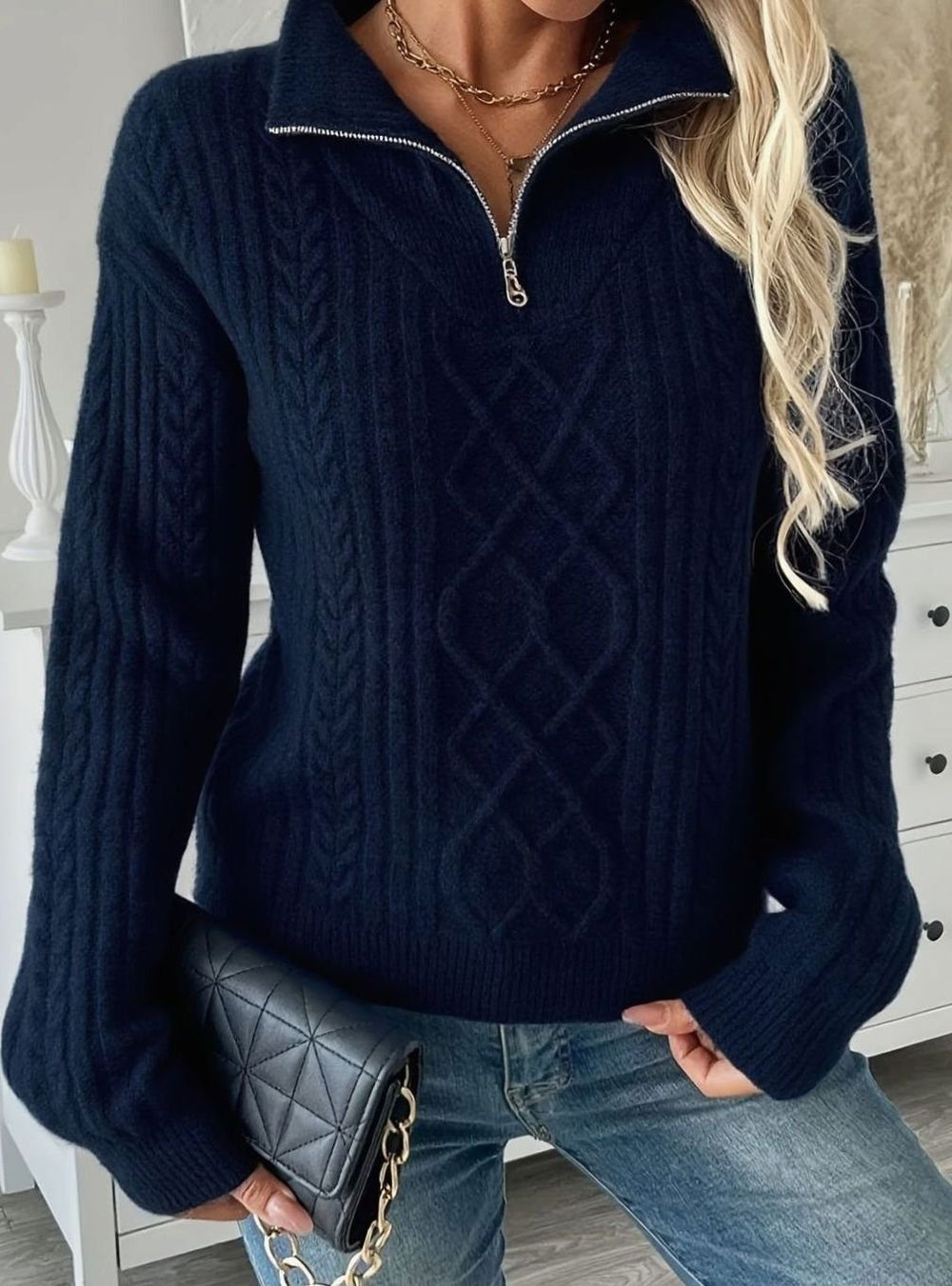 Women's Cozy Cable Knit Half Zip Sweater Navy Relaxed Pullover