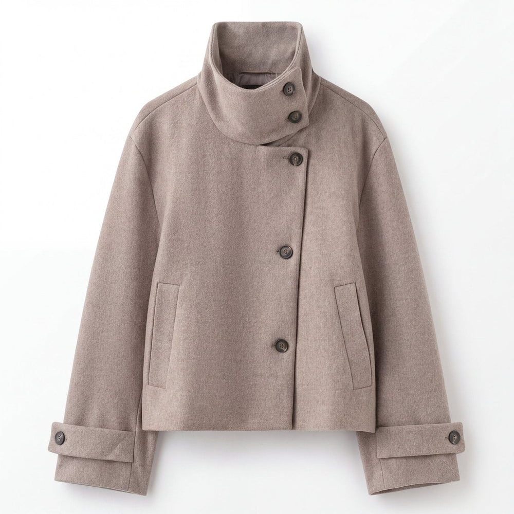 Women's Elegant Wool Stand Collar Cropped Jacket with Asymmetric