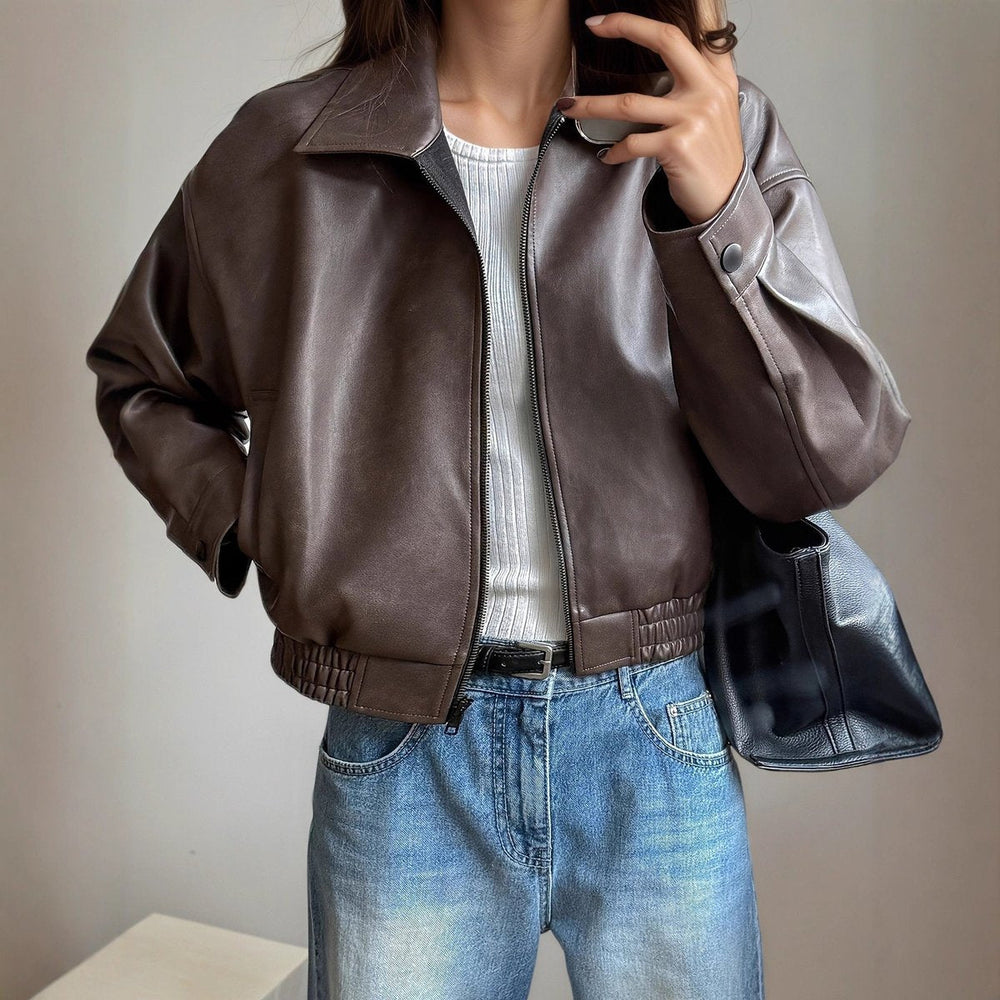 Women's Casual Leather Stand Collar Bomber Jacket