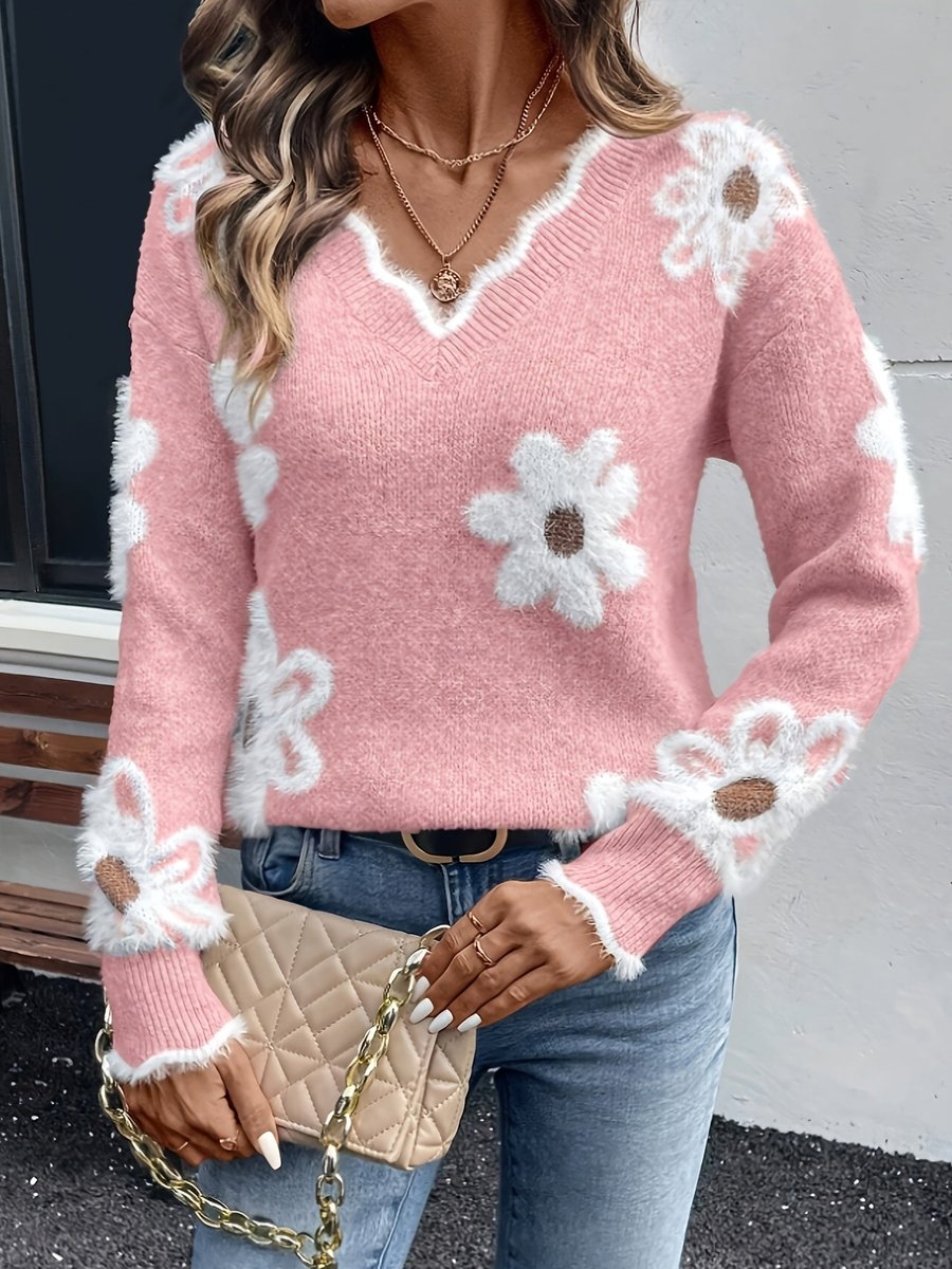 Women's Comfortable Floral Applique V-Neck Oversized Knit Sweater