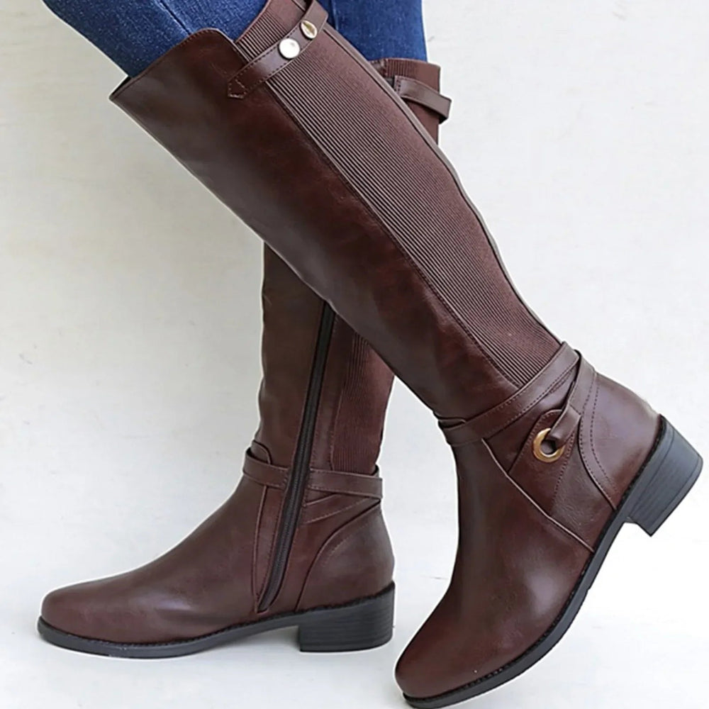 Women's Elegant Leather Knee High Boots with Ruched Ankle Strap