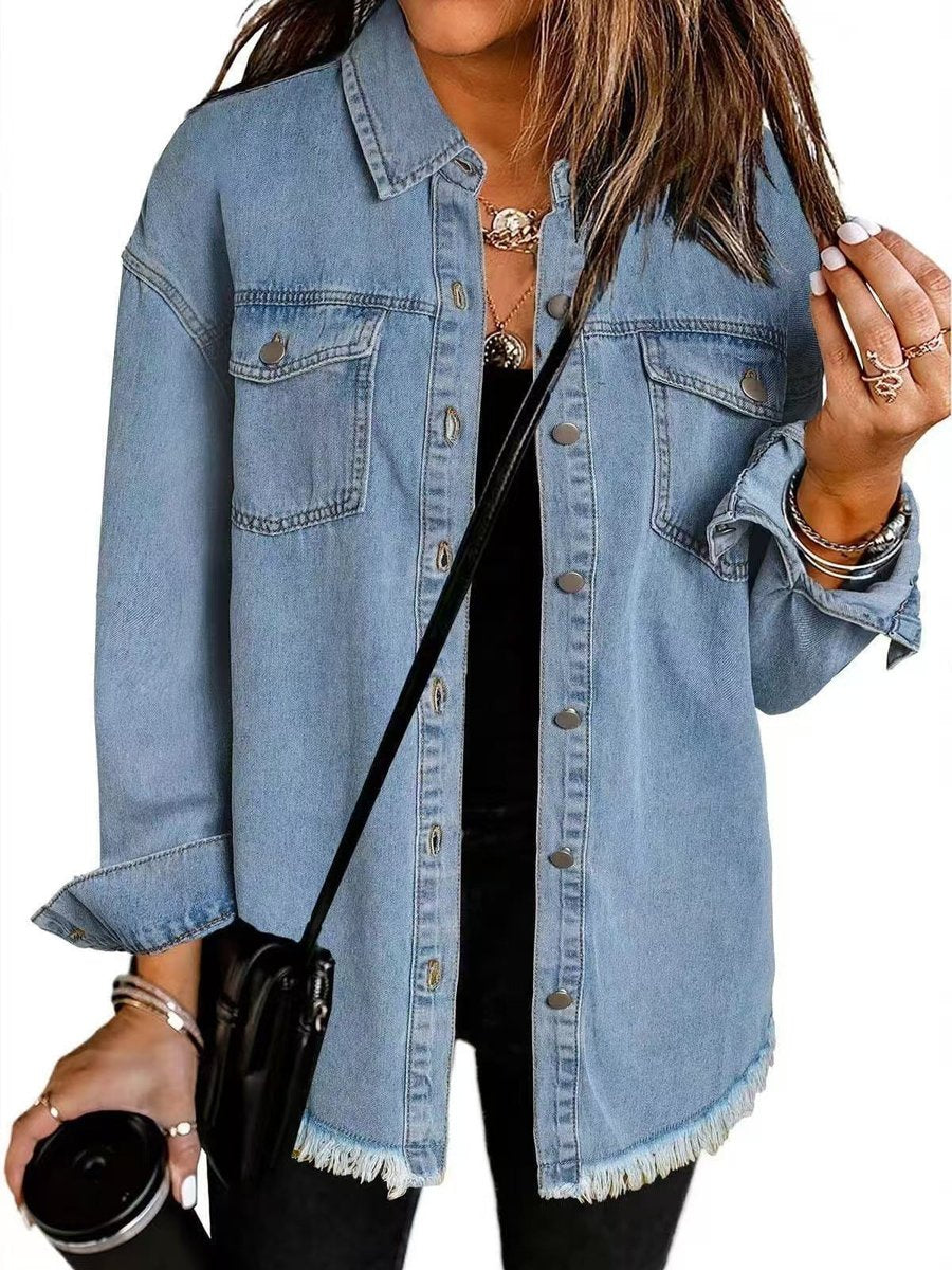 Women's Casual Denim Longline Jacket with Spread Collar and Snap