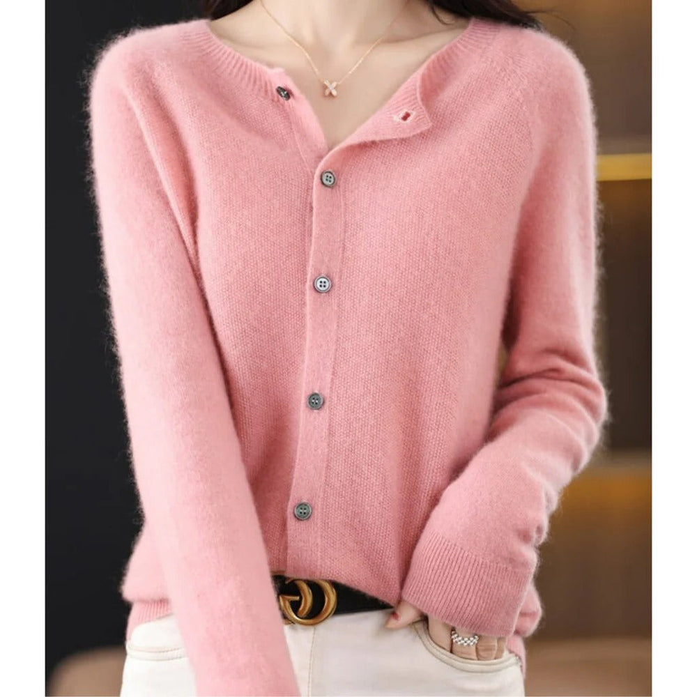 Women's Comfortable Knit Button-Front Cardigan with Round Neck