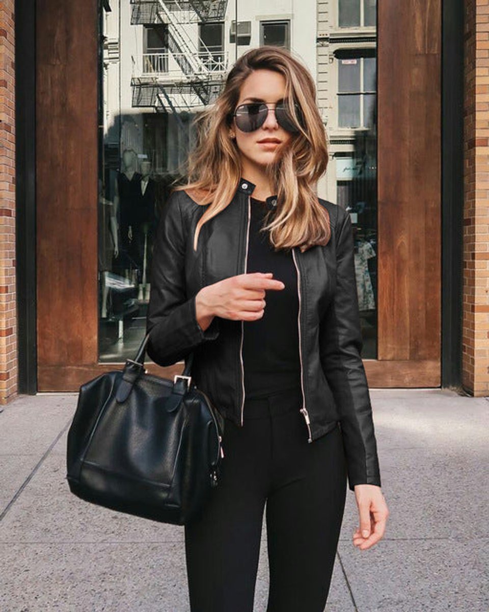 Women's Elegant Faux Leather Band Collar Moto Jacket