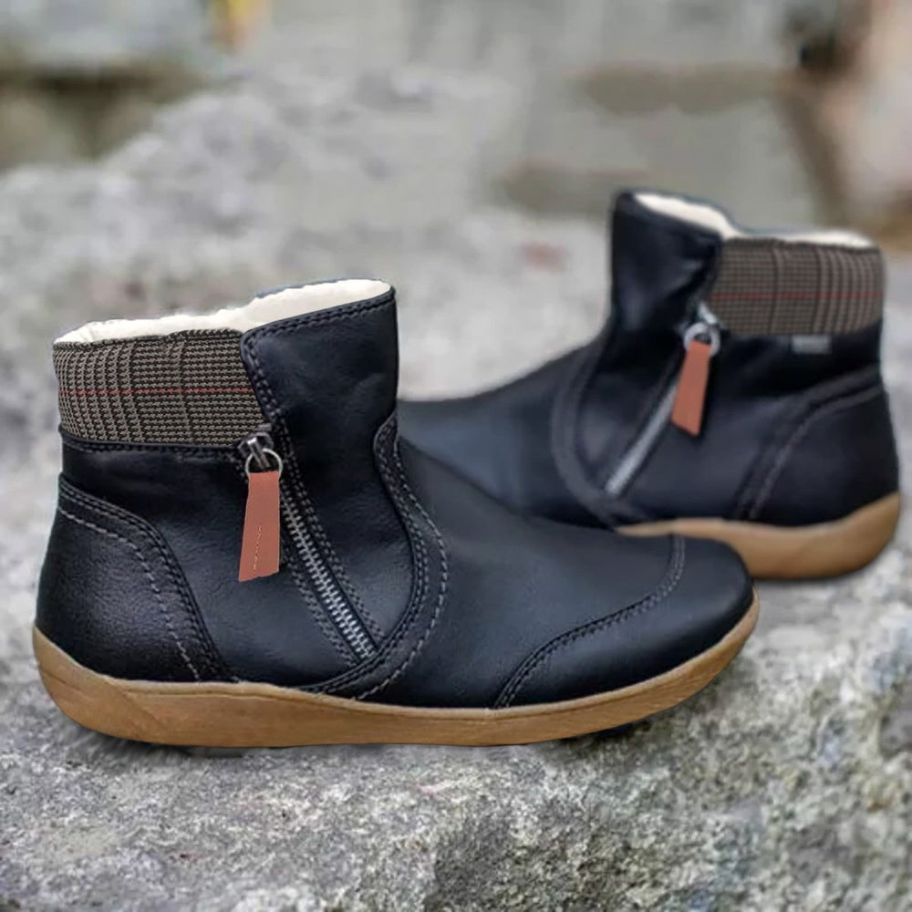 Women's Casual Leather Waterproof Ankle Boots with Side Zip and Plaid